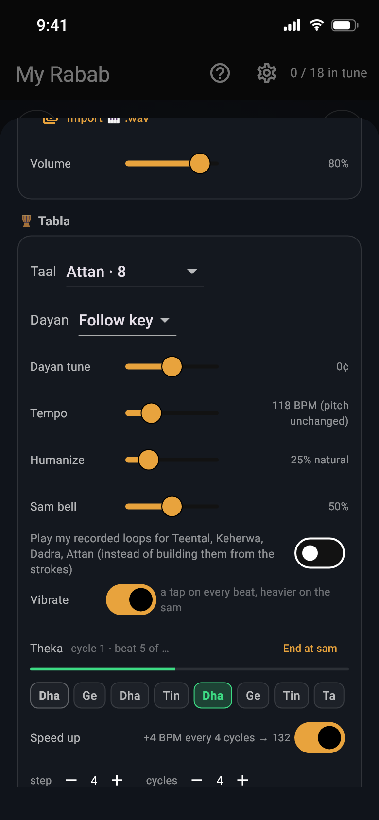 Accompaniment console scrolled to the tabla: Attan in eight beats at 118 BPM, the dayan following the harmonium's key, a sam bell and a vibration on every beat, the theka written out with its fifth bol lit, and a speed-up trainer adding 4 BPM every 4 cycles up to 132.