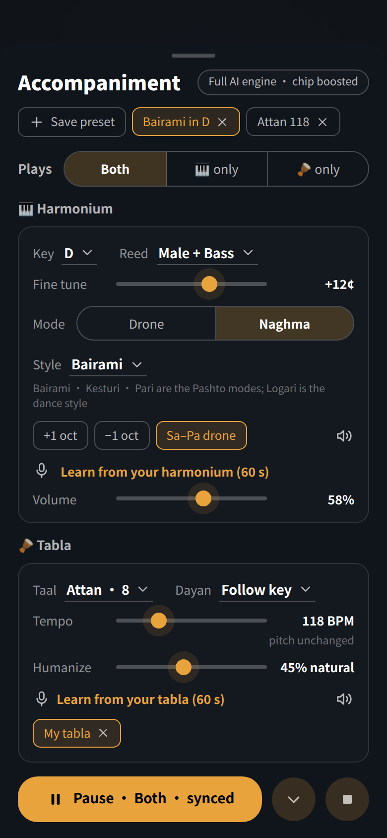 The accompaniment console: harmonium key and reed settings, naghma style Bairami, and a tabla set to Attan at 118 BPM.