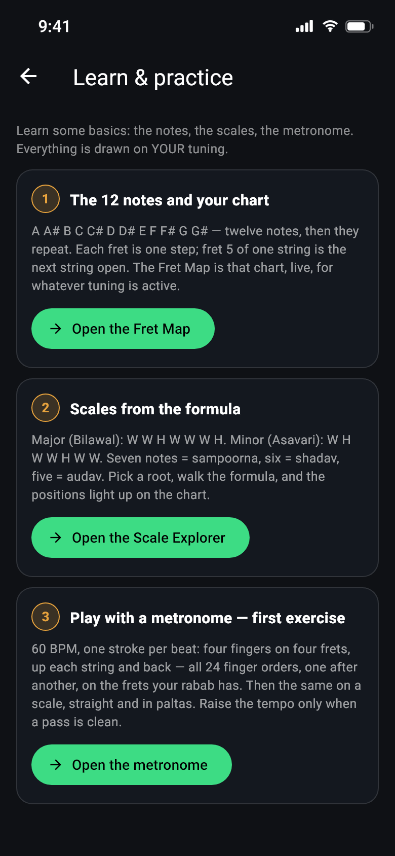 Learn & practice: the notes, scales from the formula, the metronome exercise