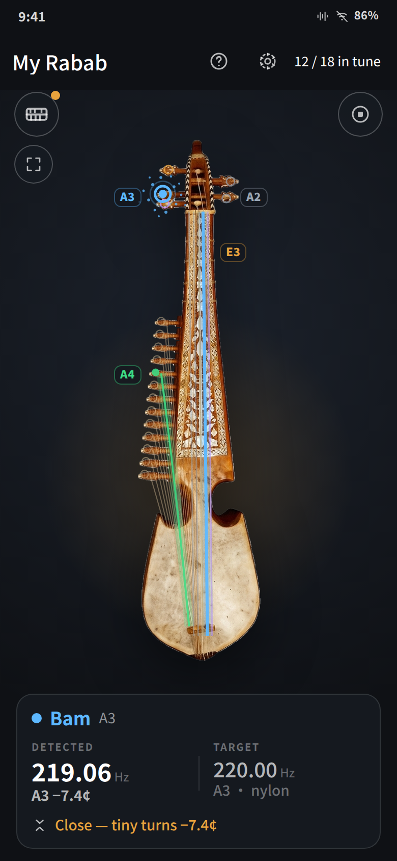 The tuning screen with the Bam string selected and the detected pitch a little flat of target.
