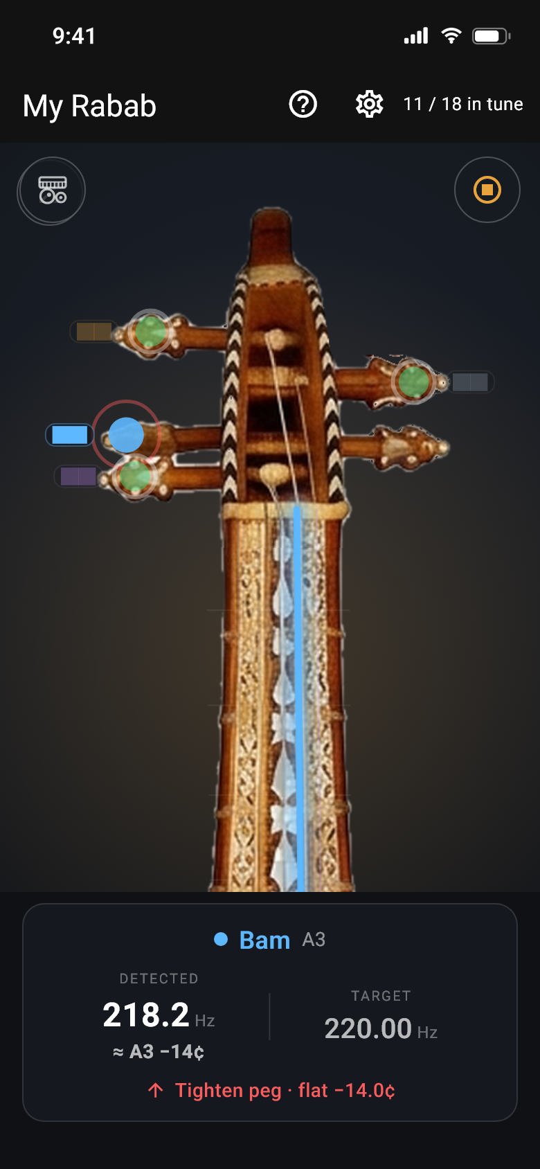 The tuning screen with the Bam string selected and the detected pitch a little flat of target.